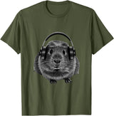 ROSS BOSS Funny Guinea Pig Graphic Tees Guinea Pig Shirt Headphones T-Shirt - Olive Green