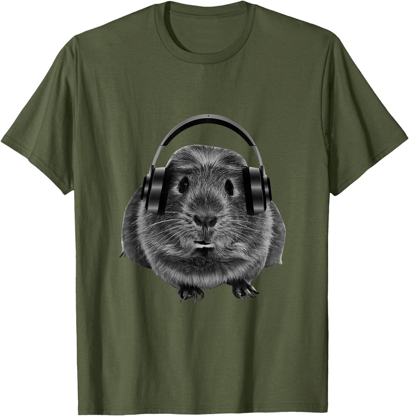 ROSS BOSS Funny Guinea Pig Graphic Tees Guinea Pig Shirt Headphones T-Shirt - Olive Green