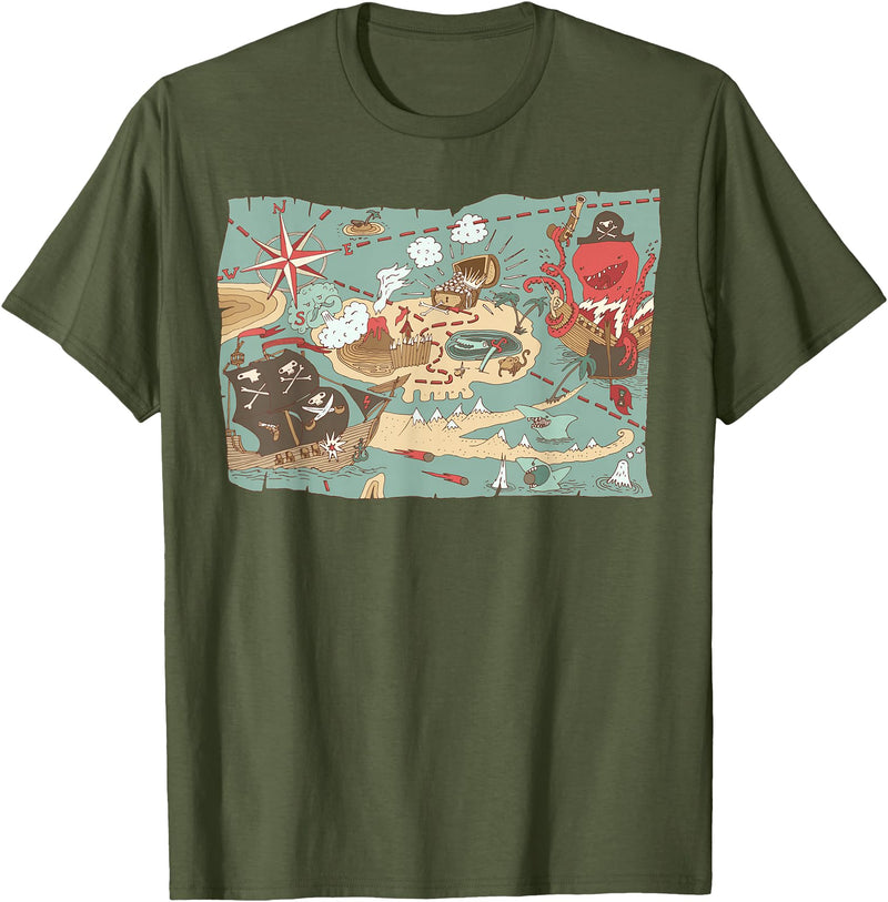 Mel & Bear Treasure Map Ship Sharks Pirates & Skulls Shirt Boys Kids T-Shirt - Olive Green