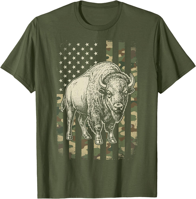 Usa Patriot American Bison Western Bufallo Bison USA Flag American Buffalo 4th of July T-Shirt - Olive Green