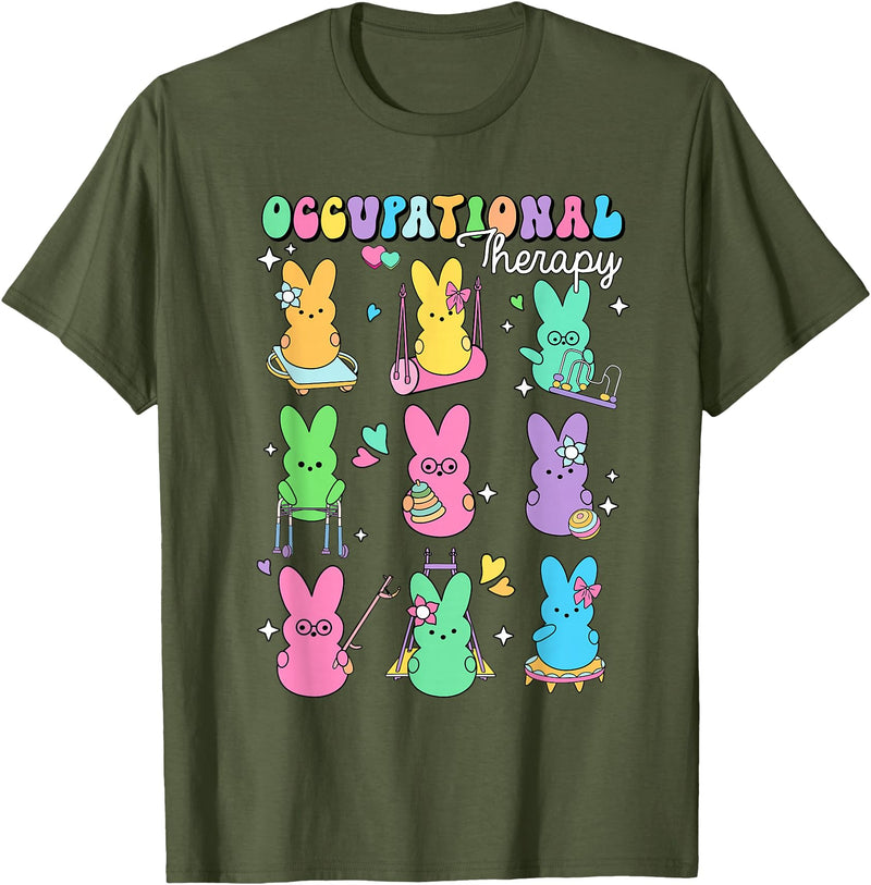 Men Women Rabbit T-Shirt (Black) in Olive Green