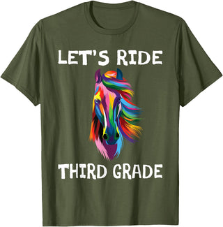 Back To School First Day Let's Ride Third Grade Back To School Horse Girls T-Shirt - Olive Green