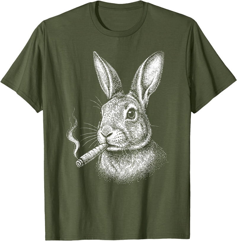 Smoking Rabbit Cigarette Bunny Funny Meme Stupid Brainrot T-Shirt in Olive Green