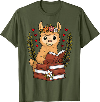 Bookworm Cute Llama Reading Book Llama Reading Book Graphic Llama with Book Floral T-Shirt - Olive Green
