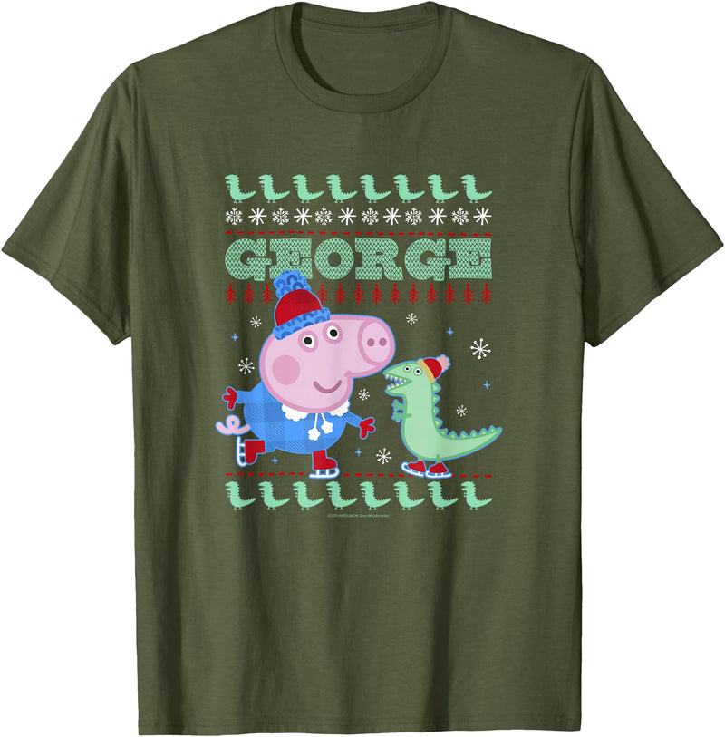 Peppa Pig George Pig Ice Skating Ugly Christmas Sweater T-Shirt - Olive Green