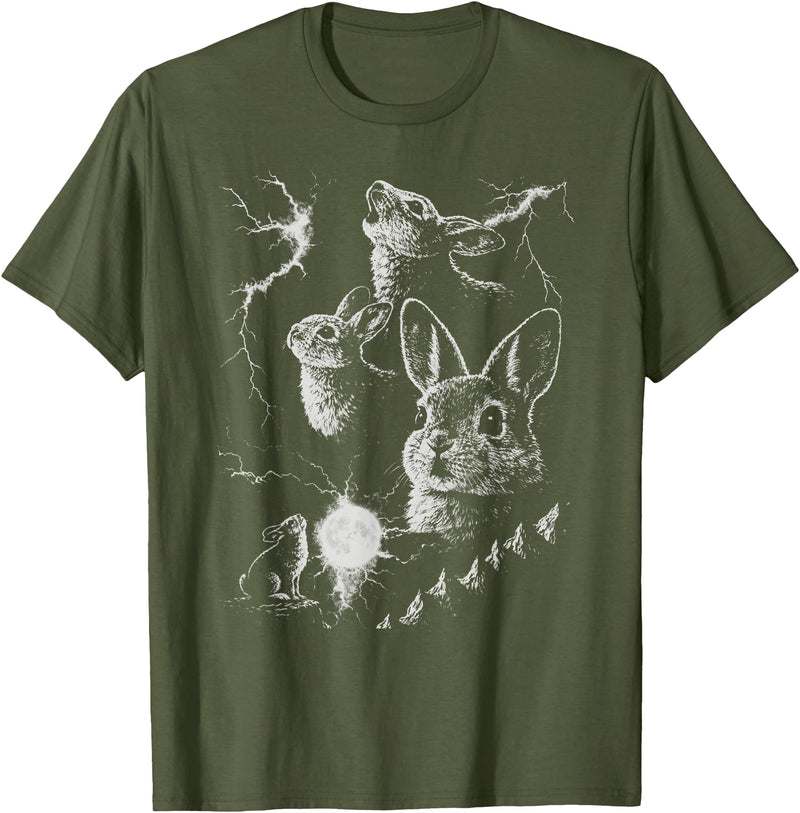 Retro Funny 90s Rabbit Bunny Howling to the Moon Graphic T-Shirt in Olive Green