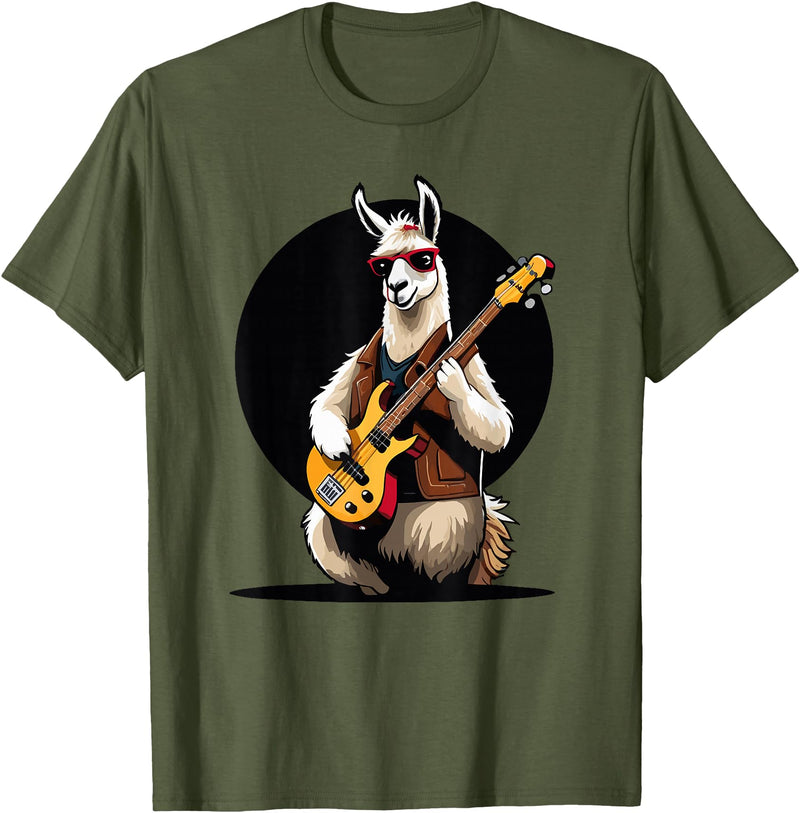 Music Lovers Alpaca Llama playing Guitar Llama playing Electric Guitar, Llama Guitarist T-Shirt - Olive Green