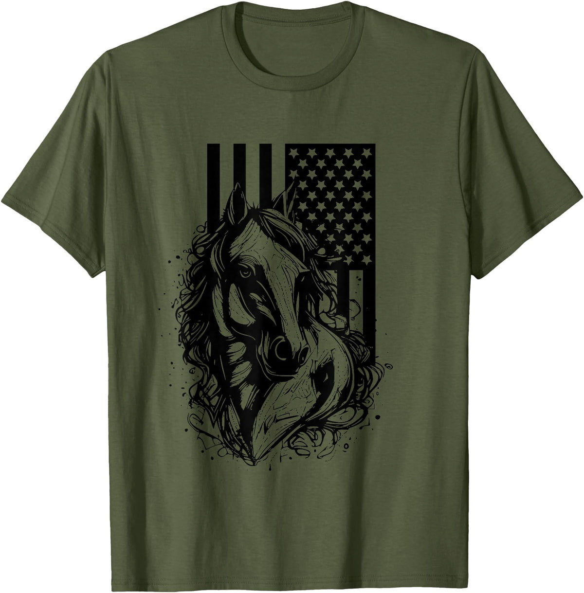 BASBO American Flag Horseback Riding Apparel - Horse T-Shirt - Olive Green
