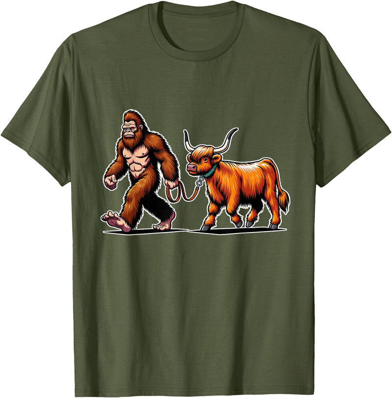 Bigfoot And Scottish Highland Cow Walking Humor Bigfoot Takes Scottish Highland Cow for a Walk T-Shirt - Olive Green