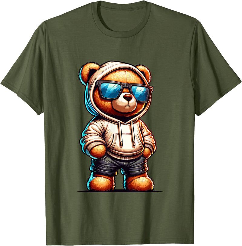 Rappers Aesthetic Urban Teddy Bear Graphic Hip Hop Teddy Bear Graphic Bears Cool Hip Hop Streetwear Colorful T-Shirt - Olive Green