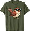 Chipper Feather Co Bird: Sparrow in Sunglasses, Cool Cartoon Avian Attitude T-Shirt - Olive Green