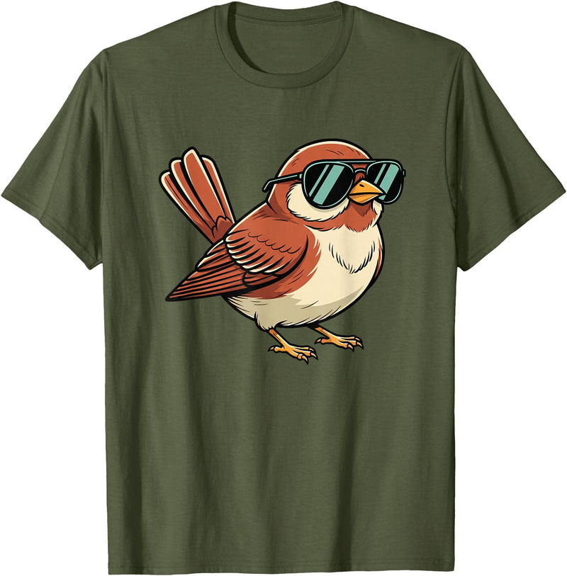 Chipper Feather Co Bird: Sparrow in Sunglasses, Cool Cartoon Avian Attitude T-Shirt - Olive Green