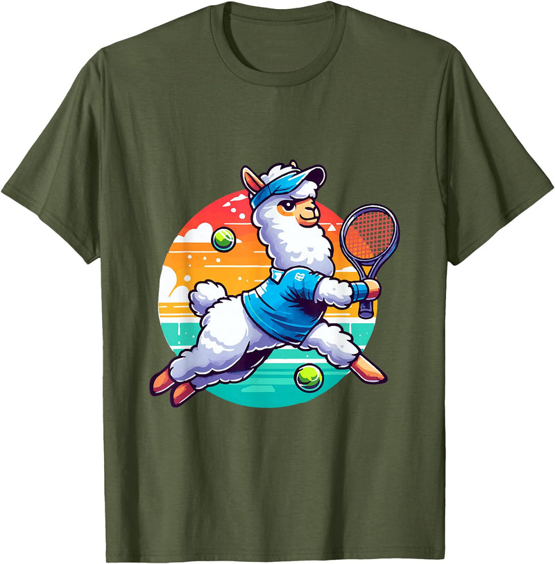 Funny Cute Animals Playing Tennis Apparel Llama Playing Tennis in Front of a Sunset T-Shirt - Olive Green