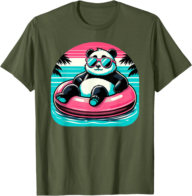 Nerrrdy Pool Party Panda Pink Float Men Women Kids Funny Pool Panda T-Shirt - Olive Green