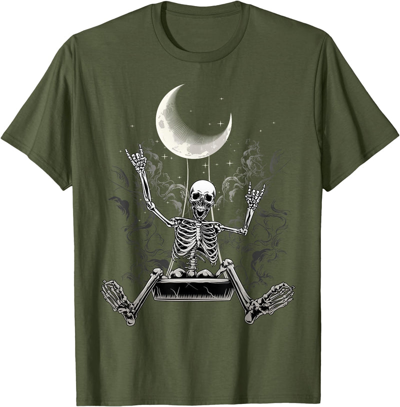 Skeleton Love Halloween Moon Skeleton Rock On Hand Spooky Halloween Rock Concerts T-Shirt - Olive Green