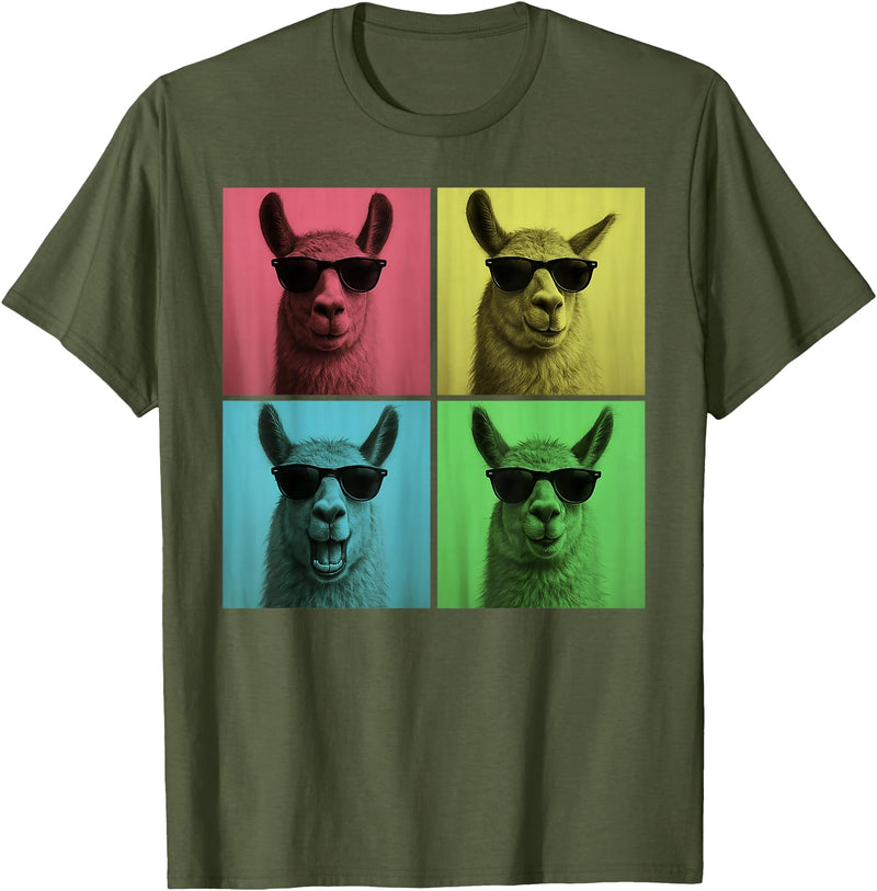 Retro Cute Llama Portrait with Sunglasses Llama Funny Pop Art Llama Lover Photo Booth T-Shirt - Olive Green
