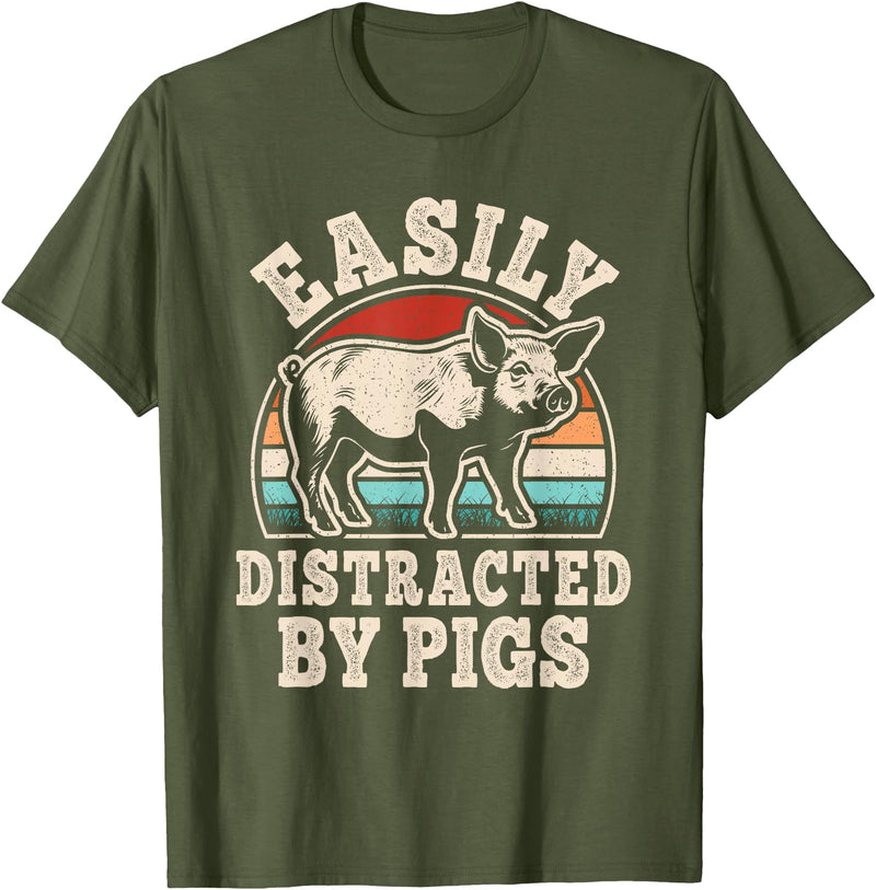 BALARI Easily Distracted by Pigs Funny Retro Pig Farmer Men Women T-Shirt - Olive Green
