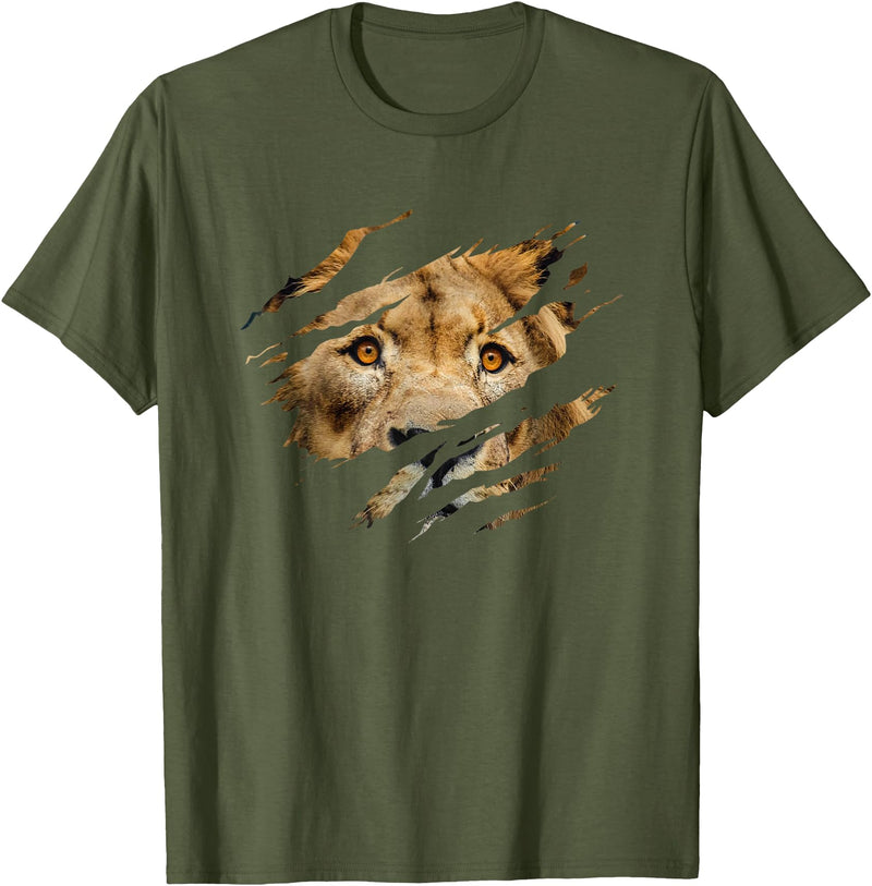 Lion Graphic - Wild Animal Lover Design Lion Outfit - Torn Design Picture Of A Lion's Face T-Shirt - Olive Green
