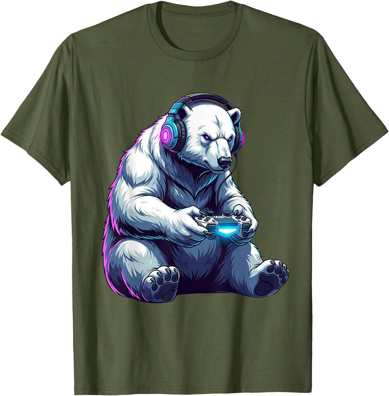 Funny Graphic Gamers tee Polar Bear Funny Video Games Polar Bear T-Shirt - Olive Green