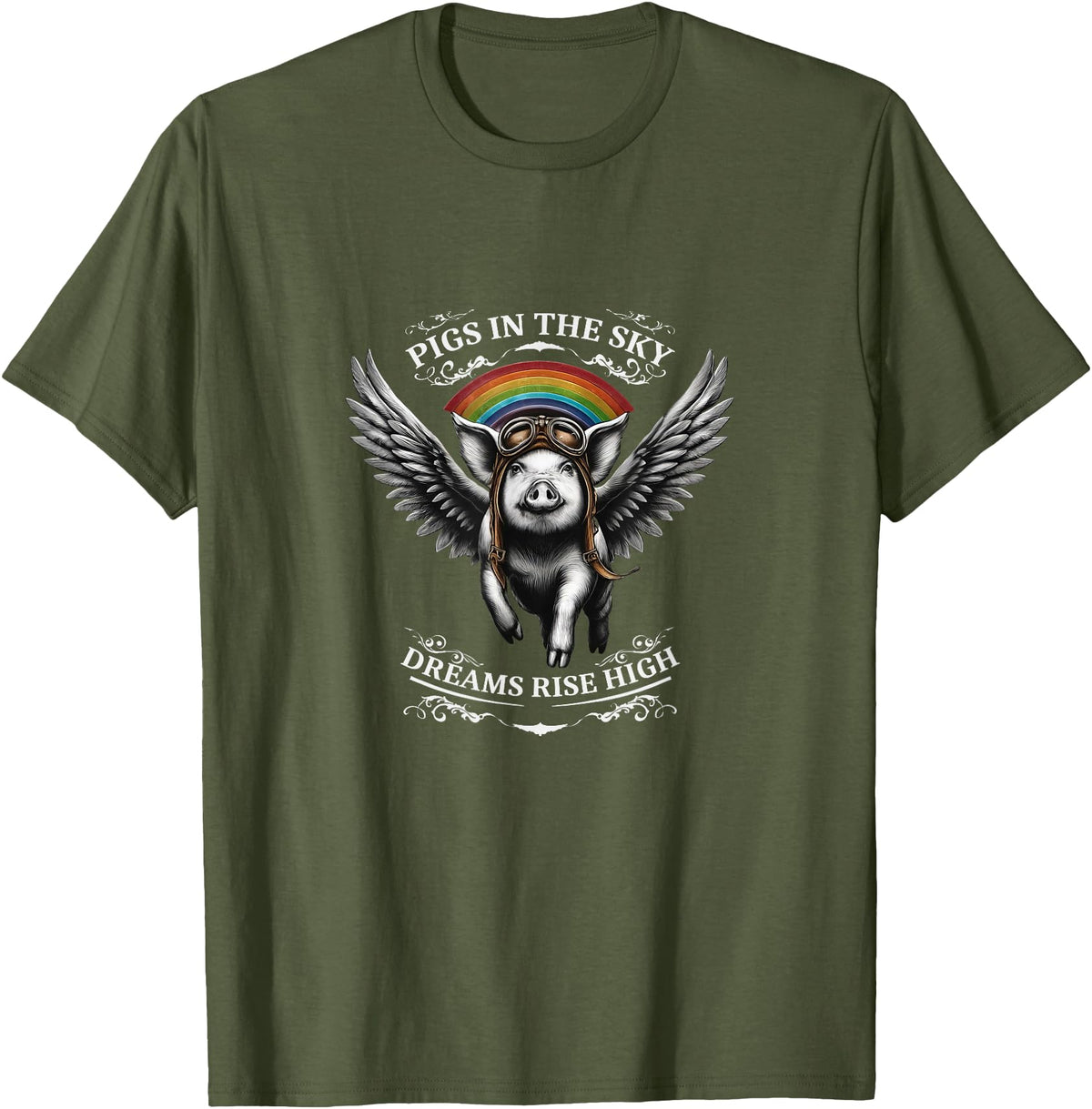 Schwein im Himmel – Träume steigen hoch Flying Pig with Wings in the Sky T-Shirt - Olive Green