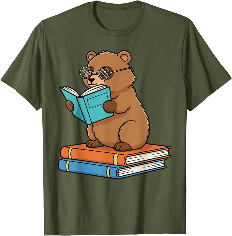 Reading Bear Bookworm Tee Reading Bear Bookworm Cute Bear with Glasses Books T-Shirt - Olive Green