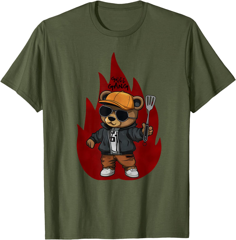Pitmaster Hip Hop Teddy Bear Barbecue Grill Design Grill Gang Teddy Bear Grilling BBQ Hip Hop Streetwear Men's T-Shirt - Olive Green