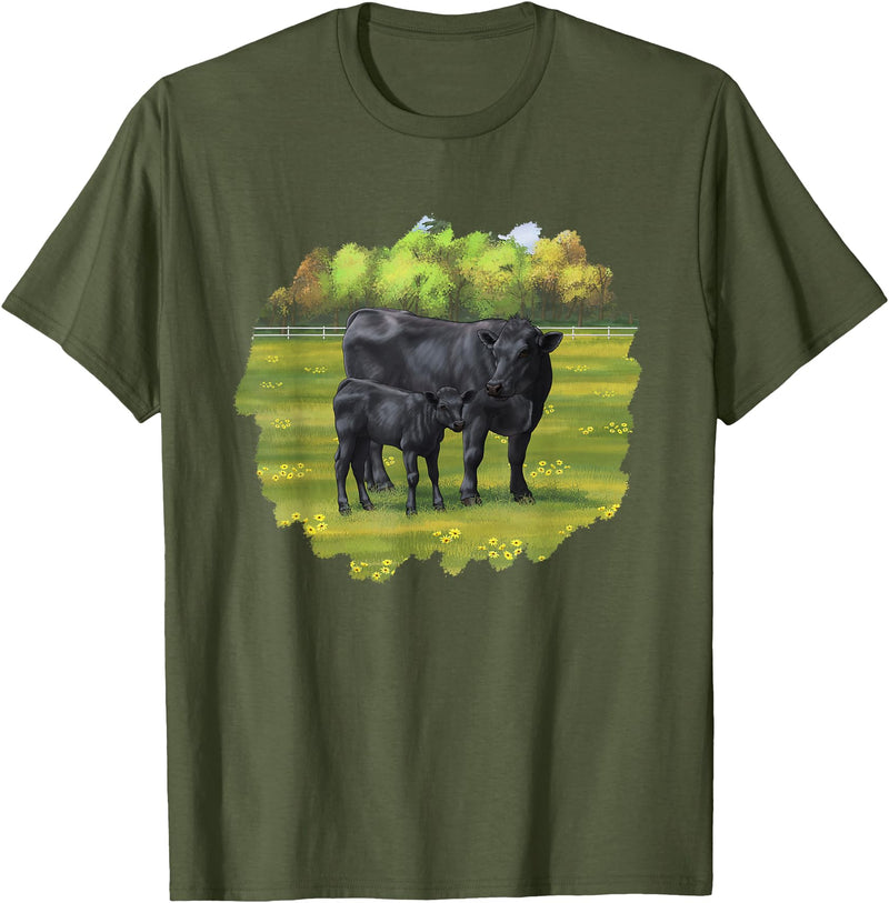 Farm Animal Art by CSForest Black Angus Cow & Cute Calf Farm Animals T-Shirt - Olive Green
