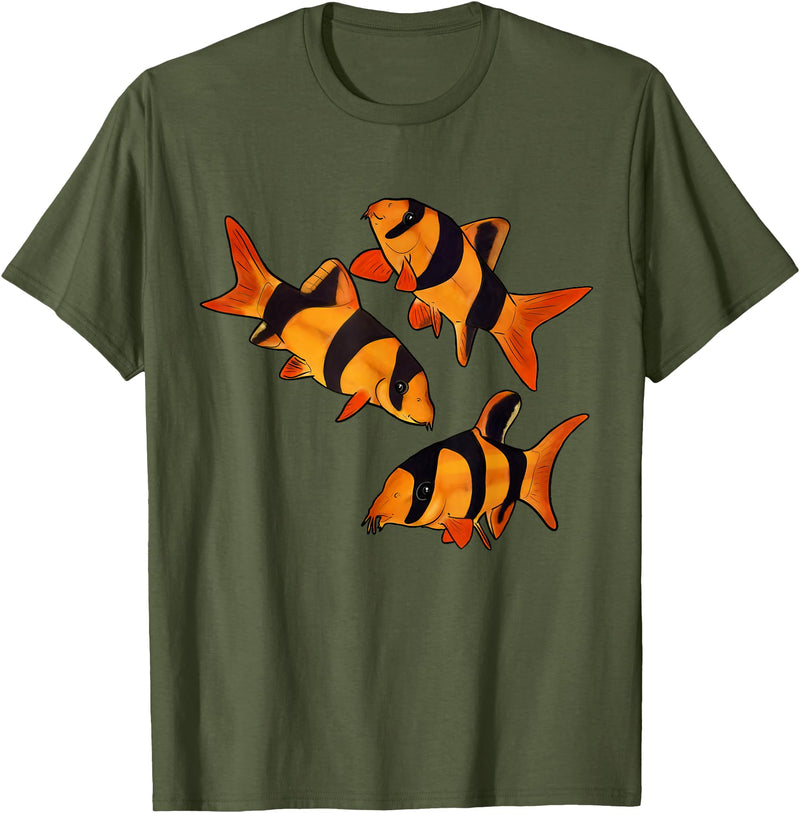Freshwater Fish Fun Clown Loach Fish Aquarium Design-Tiger Botia T-Shirt - Olive Green