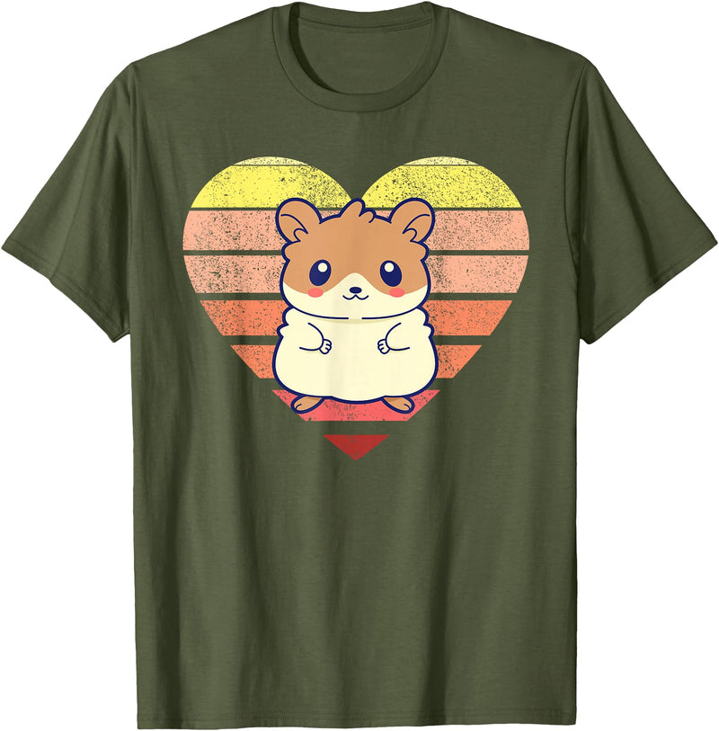 Cute Hamster Design Retro Heart Shape Vintage T-Shirt - Olive Green