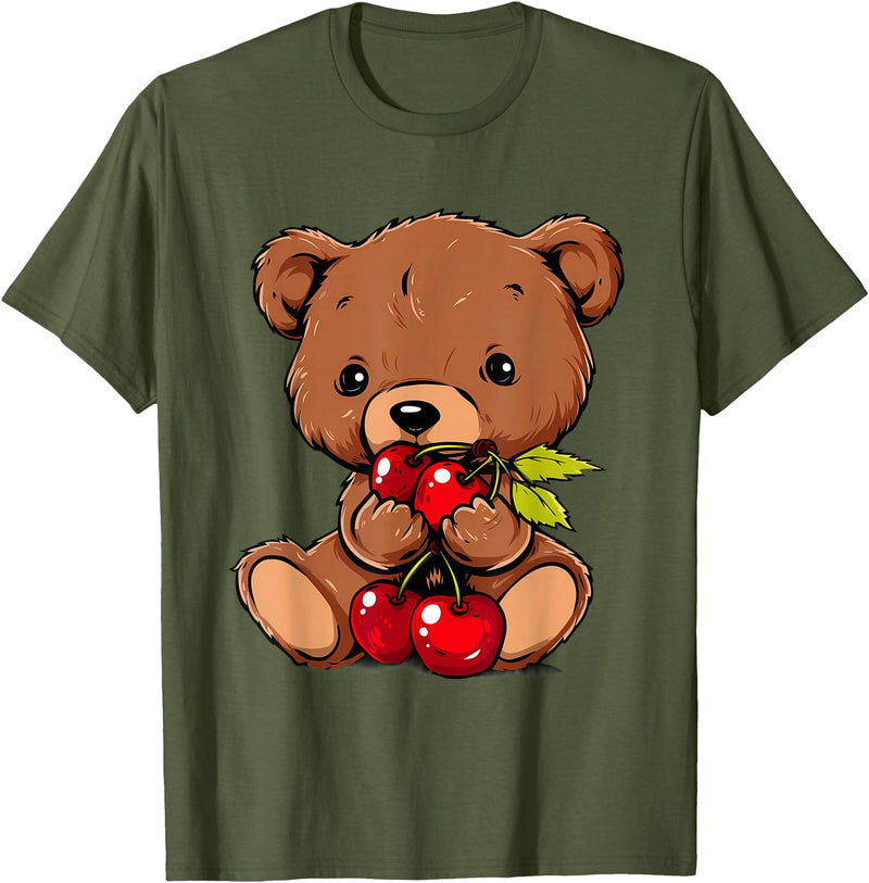 Cute Cherry Animals Cherry Bear Cute Bear Nature Cherry Fruit Artwork Wildlife T-Shirt - Olive Green