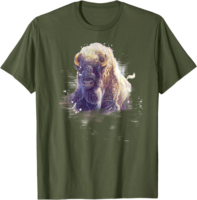 Rocky Mountain Wilderness designs Great Native American White Buffalo Sacred Spirit Animal T-Shirt - Olive Green