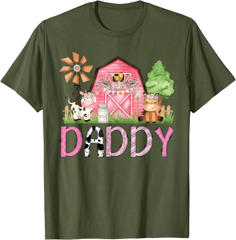 Pink Farm Cow Gender Reveal Party Daddy Pink Farm Animal Birthday Kids Matching Family T-Shirt - Olive Green