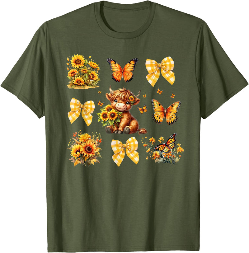 Coquette Bow Scottish Highland Cow Sunflower Shirt Baby Highland Cow With Sunflower Butterflies Farm Western T-Shirt - Olive