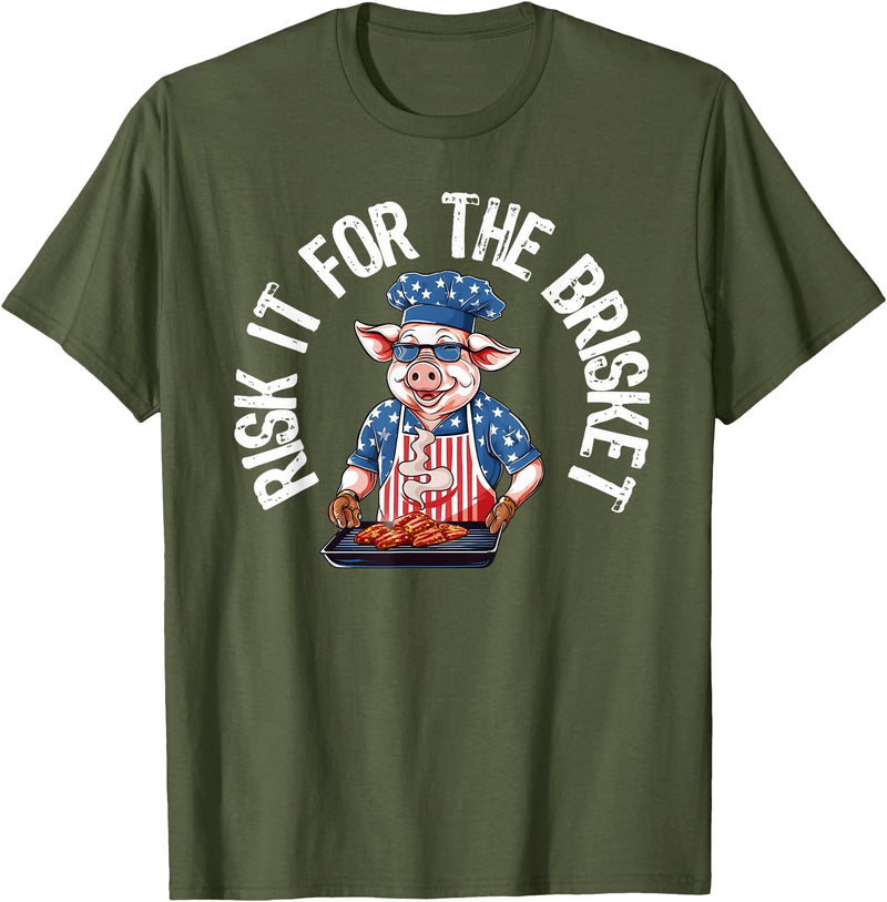 Funny Grill Pig Barbeque Pitmaster Designs for Men Risk It For The Brisket Funny Pig Grilling Barbecue Pork BBQ T-Shirt - Olive Green