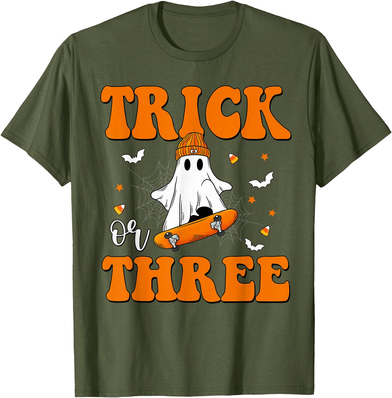 3 Year Old Boy Birthday Gift For Spooky Boys Kids Trick or Three 3rd Halloween Birthday Ghost Skateboarding T-Shirt - Olive