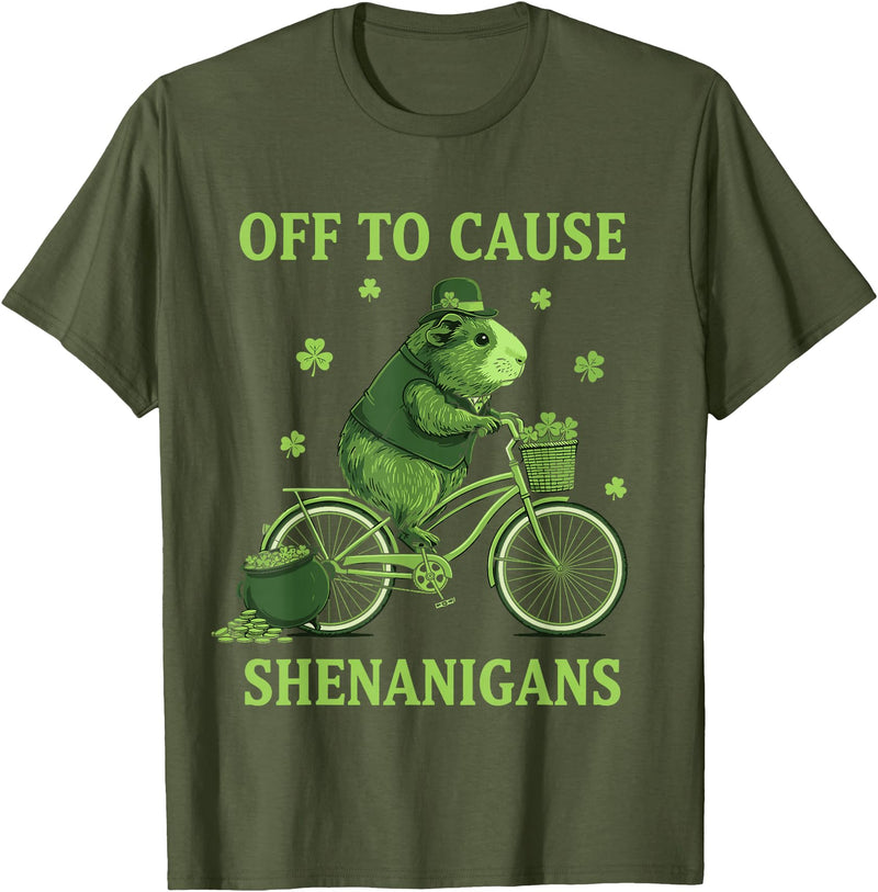 Funny St Paddys Day Cute Guinea Pig Bicycle Off to Cause Shenanigans Guinea Pig St Patricks Day T-Shirt - Olive Green