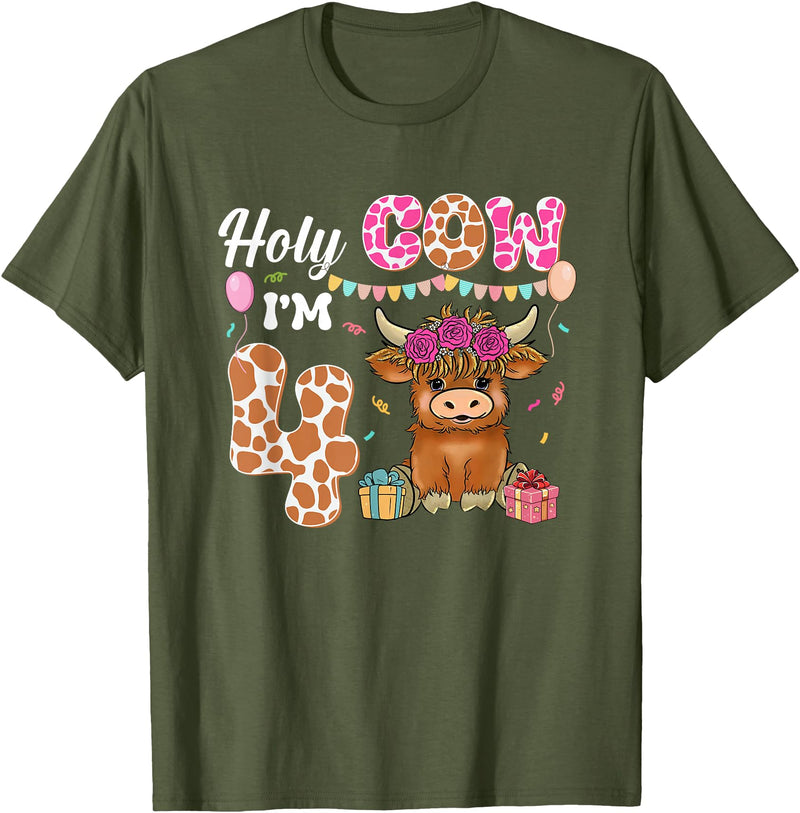 Holy Cow I'm 4 Highland Cow 4th Birthday Holy Cow I'm 4 Highland Cow Farming 4th Birthday 4 Years Old T-Shirt - Olive Green