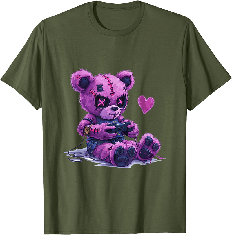 Goth Pastel Cute Creepy Kawaii Gamer Teddy Bear Gaming Rabbit T-Shirt in Olive Green