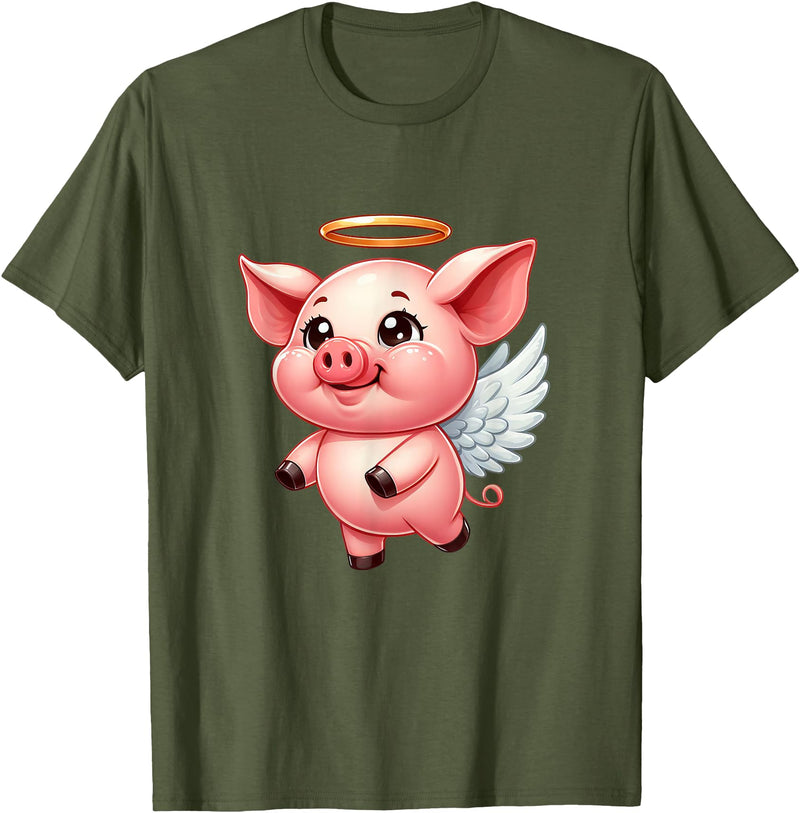 Cute Pig Angel with Wings T-Shirt - Olive Green