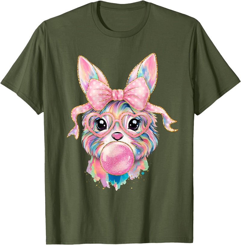 Funny Bunny Face Glasses Rabbit Coquette Bow Easter Trendy T-Shirt in Olive Green
