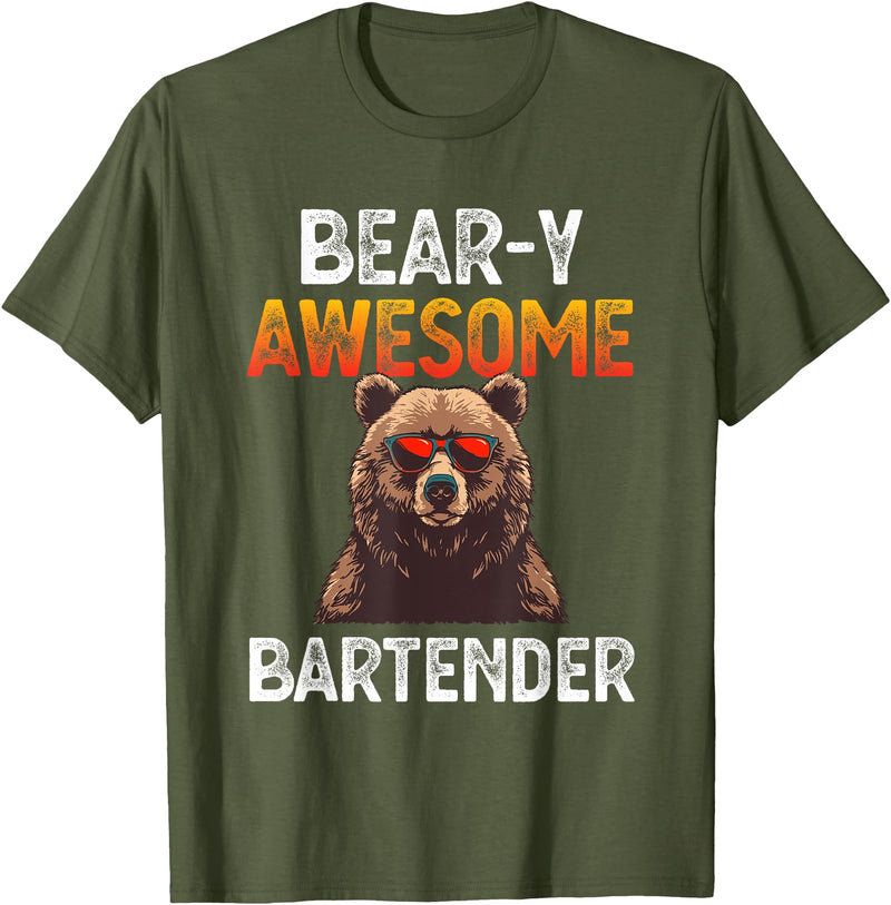 Beary Awesome Bartender Funny Mixologist Vintage Bear-y Awesome Bartender Pun Joke Barman Funny Barkeeper Men T-Shirt - Olive Green