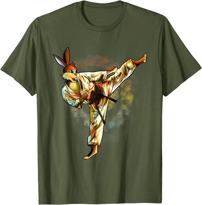 Karate Rabbit Easter Bunny T-Shirt in Olive Green