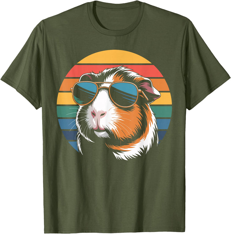 Guinea Pig Lover Gifts & Tees Retro Guinea Pig Sunglasses Flag Guinea Pig T-Shirt - Olive Green