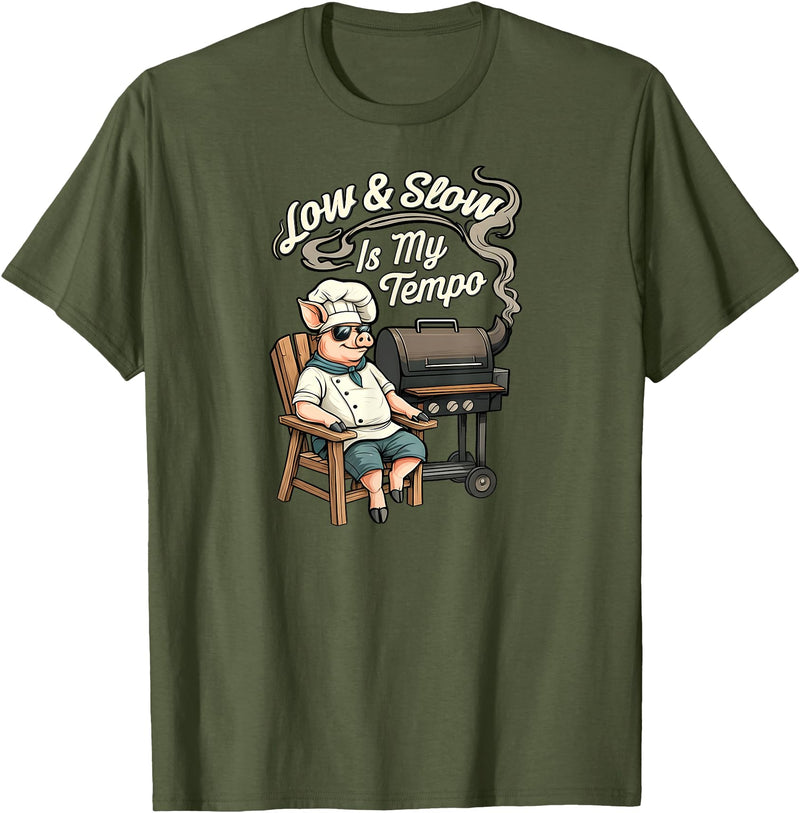 Pitmaster Pig Apparel Low & Slow Is My Tempo Pig BBQ Smoker T-Shirt - Olive Green