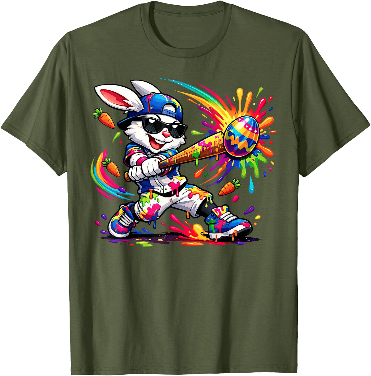 Funny Dripping Drip Rabbit Bunny Baseball Easter Men Boy Kid T-Shirt in Olive Green