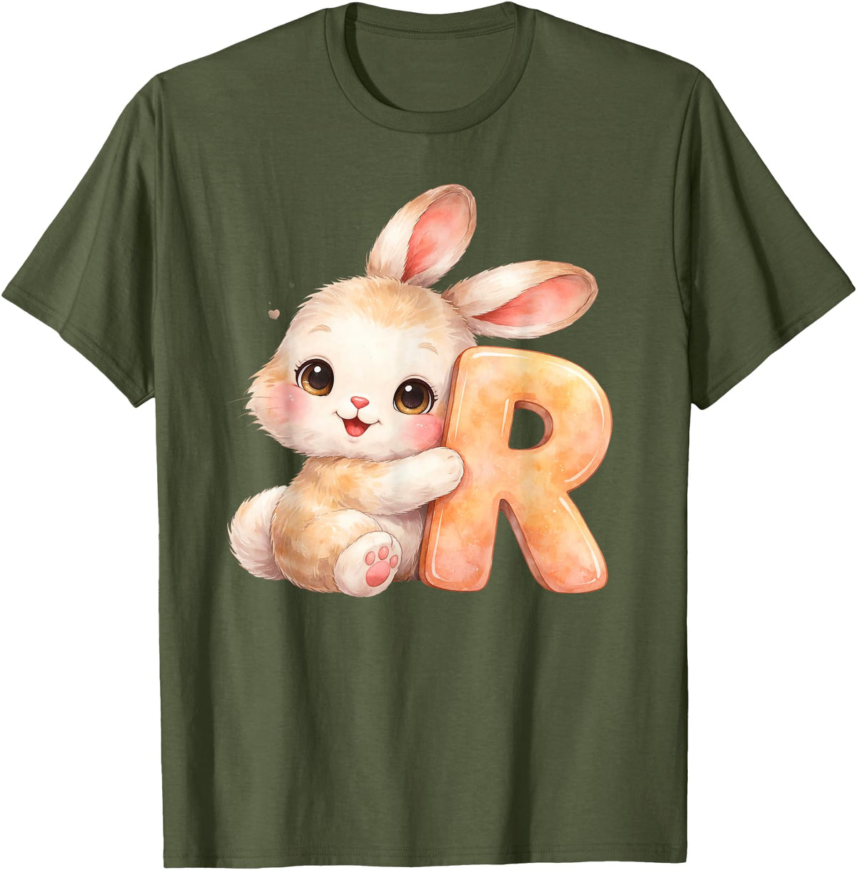 Letter R Rabbit Watercolor Cute Baby Animal Alphabet Initial T-Shirt in Olive Green
