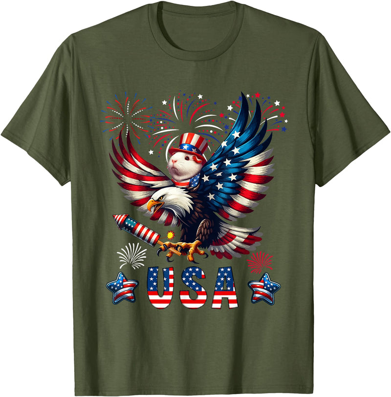 Rodent 4th Of July Costume USA 4th Of July Guinea Pig Riding Eagle Fireworks Patriotic T-Shirt - Olive Green