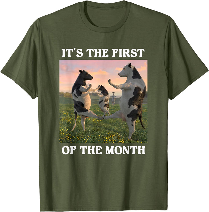 Funny Cows Dancing Meme 1st Of The Month Tees Funny It's THE First of THE Month Cows Dancing Meme T-Shirt - Olive Green