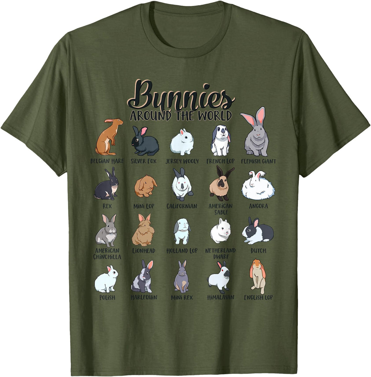 Rabbits in the World - Rabbit Breeds T-Shirt in Olive Green