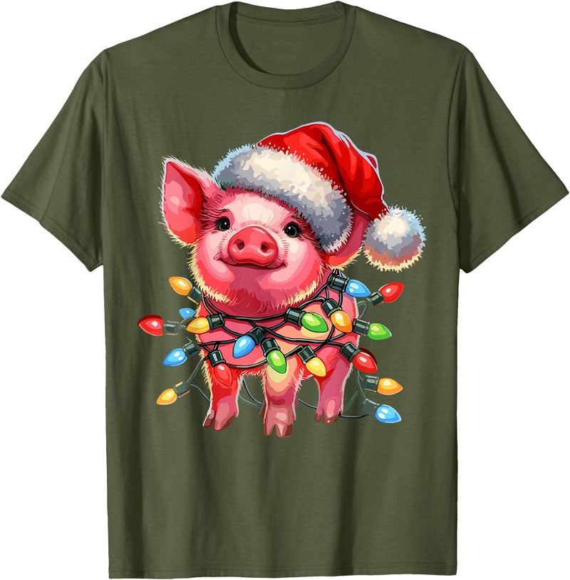 Christmas Pig Lover Christmas Light Pig Lover T-Shirt - Olive Green